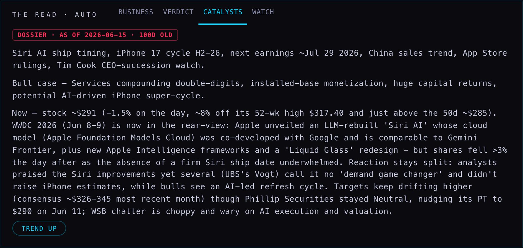 the CATALYSTS tab with a 100-day-old dossier chip above text quoting a June price