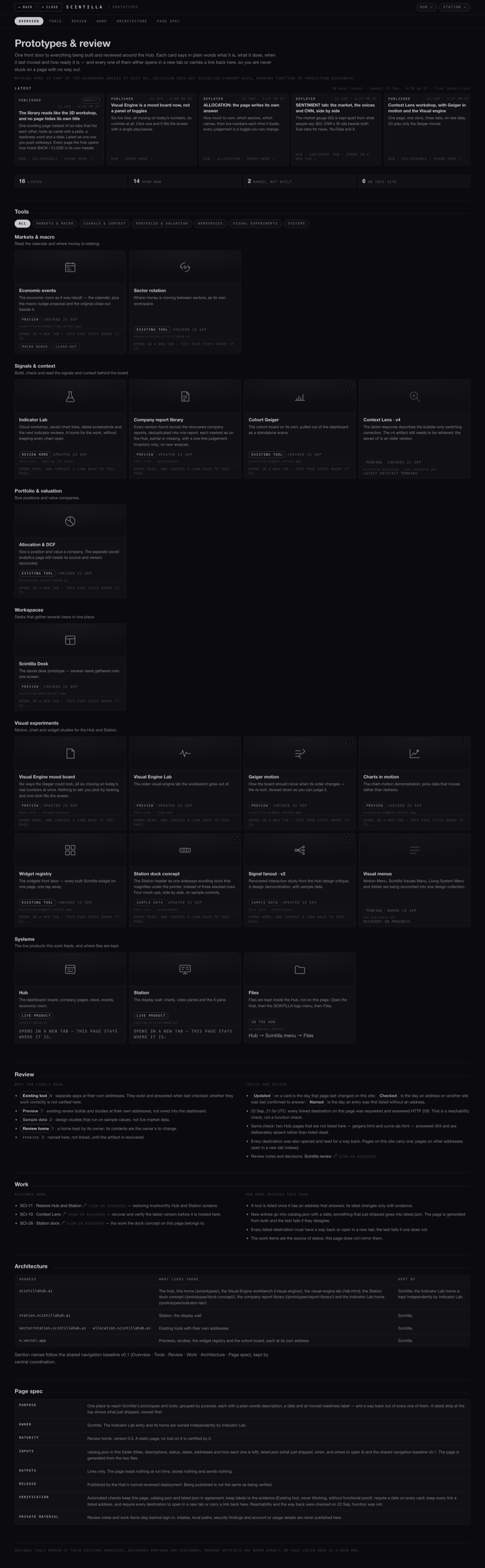 The library after: grey, one scrolling page, latest as a rail, tools as cards in groups