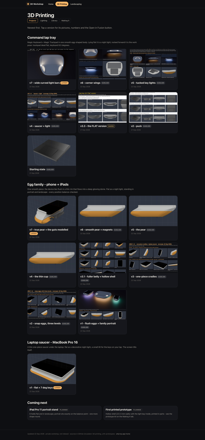 The 3D Workshop, 3D Printing tab: sticky bar, sub-tabs, grouped card rows with picture, name, state chip and date